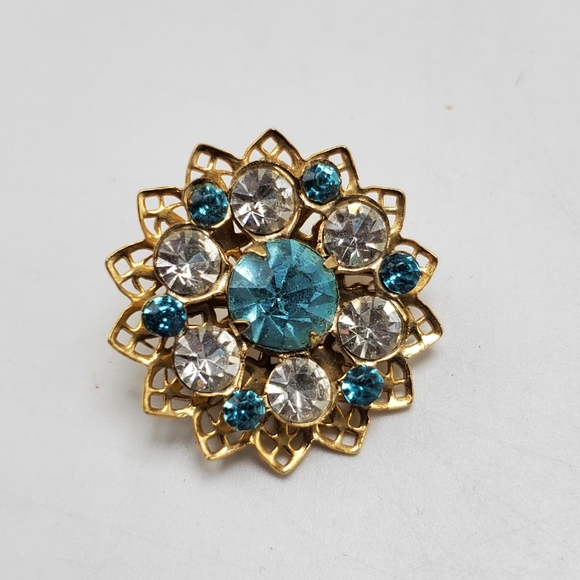 Vintage Jewelry - Vtg Teal Clear Rhinestone Flower Lapel Pin Brooch